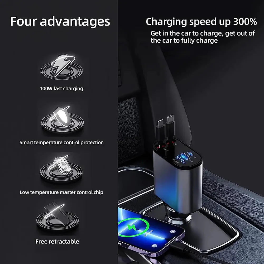 4-In-1 Retractable Car Charger-120W